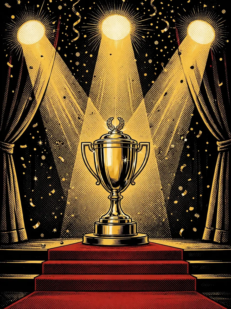 Illustration of a gold trophy under spotlights with confetti at an awards show