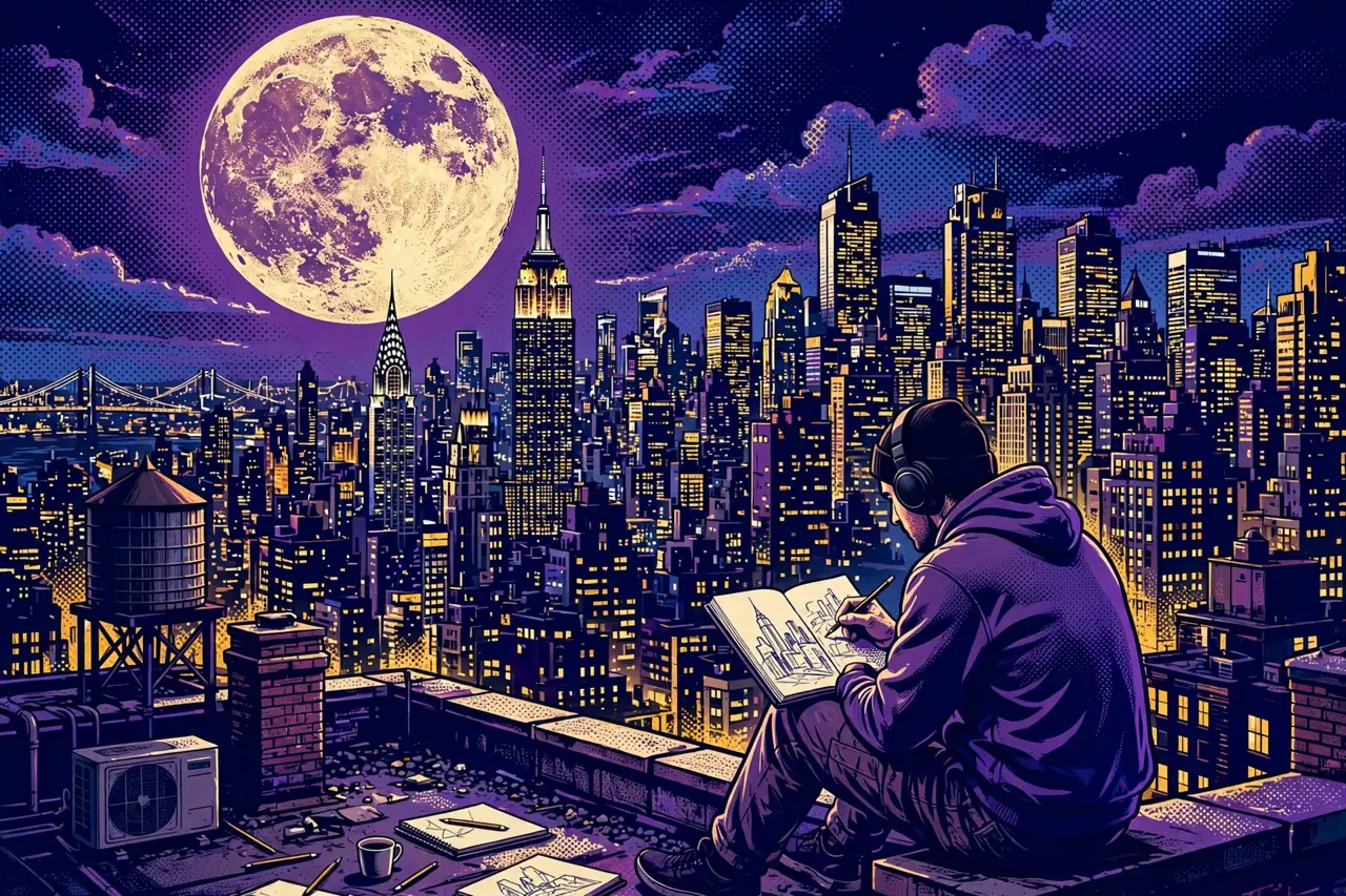Illustration of an artist with headphones on a rooftop above a city skyline at night