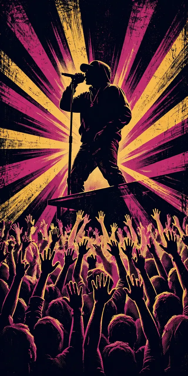 Illustration of a hip-hop performer silhouetted on stage above a roaring crowd in magenta and gold light