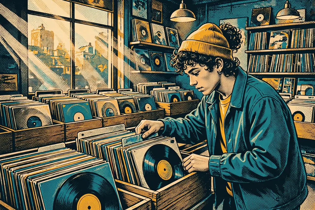 Illustration of a collector digging through vinyl crates in a record store